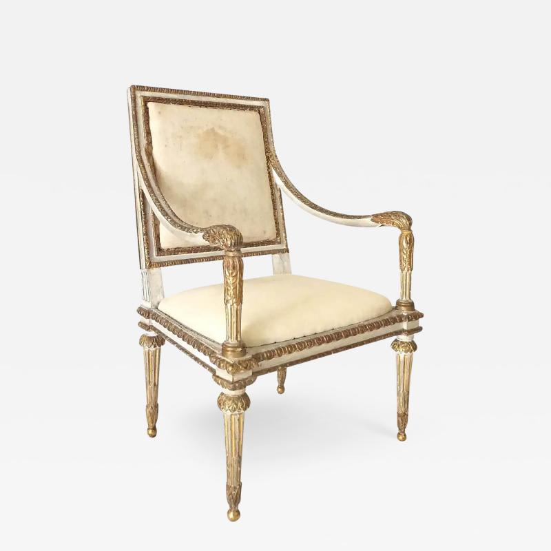 Italian Louis XVI Painted and Parcel Gilt Fauteuil of Large Scale