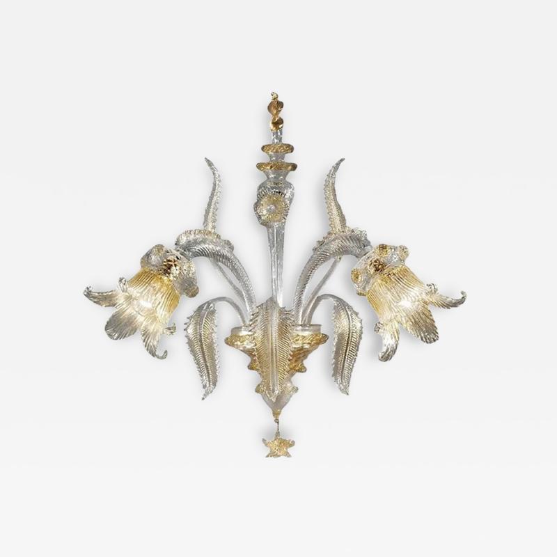 Italian Luxury Wall Sconce in Clear Murano Glass With Gold Floral Motifs