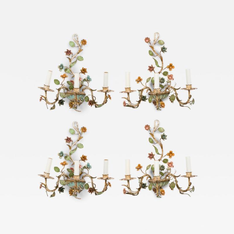 Italian Mid Century 3 Armed Tole Flower Wall Sconce