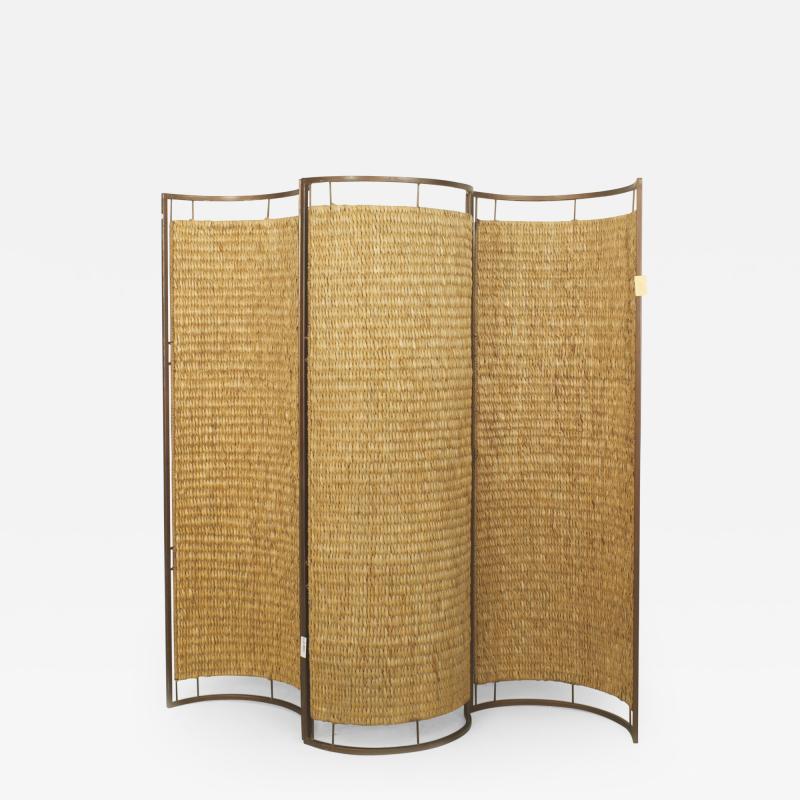 Italian Mid Century 3 Concave Panel Woven Rattan Screen