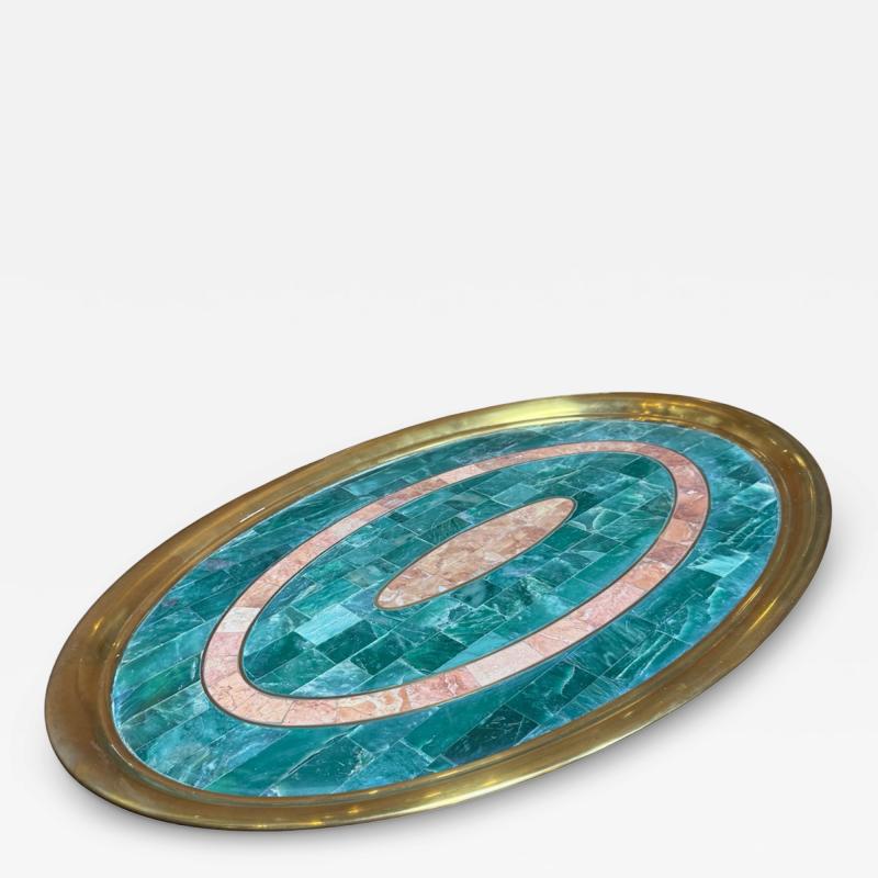 Italian Mid Century Brass and Stone Inlay Oval Tray 1970s