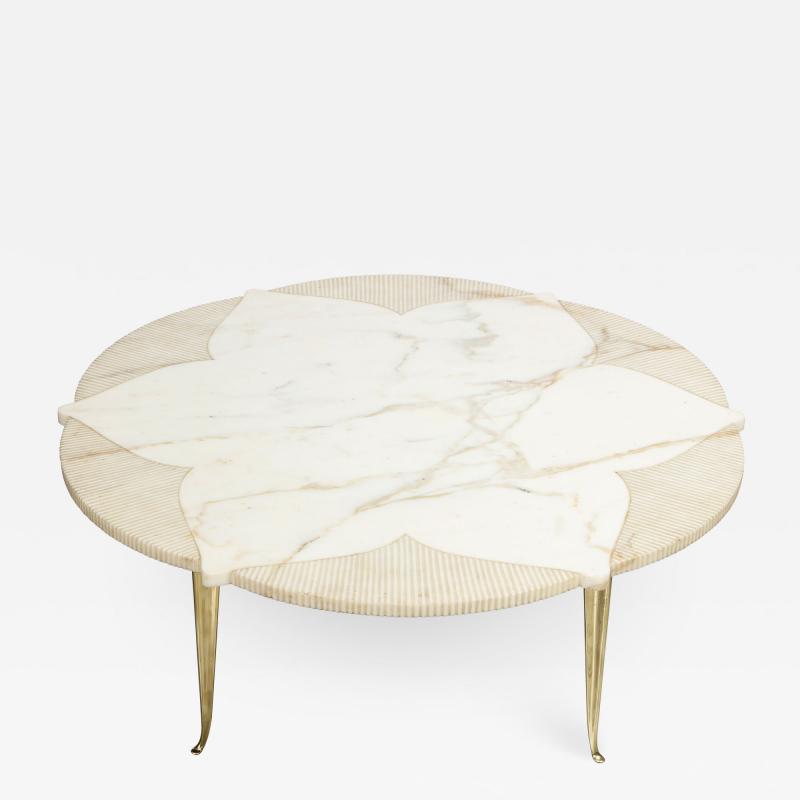 Italian Mid Century Circular Star Form White Marble Coffee Table with Brass Legs