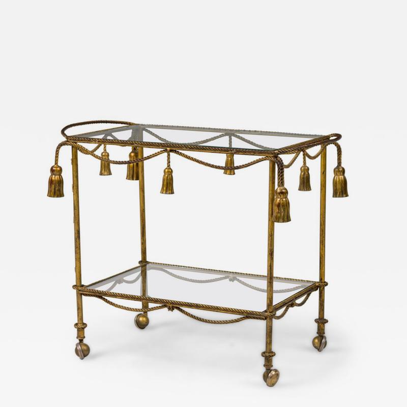 Italian Mid Century Gilt Metal Tassle Bar Cart