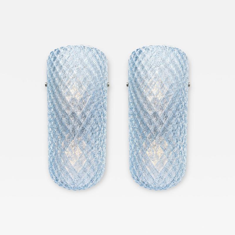 Italian Mid Century Light Blue Rhombus Murano Glass Wall Sconces Set of 2