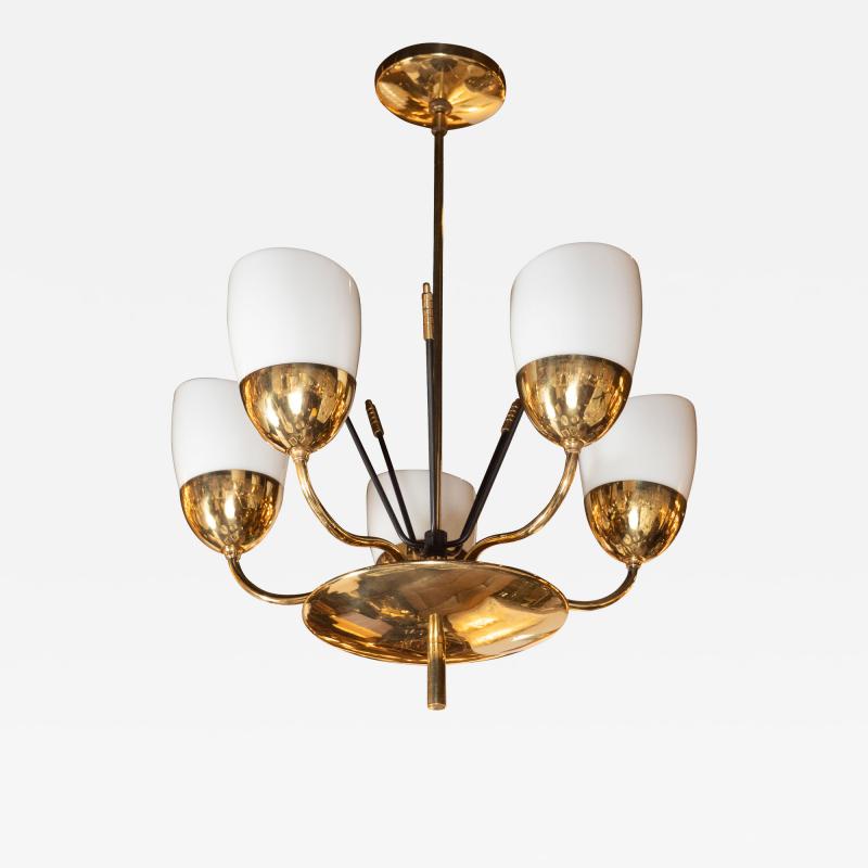 Italian Mid Century Modern Brass Enamel and Frosted Glass Five Arm Chandelier