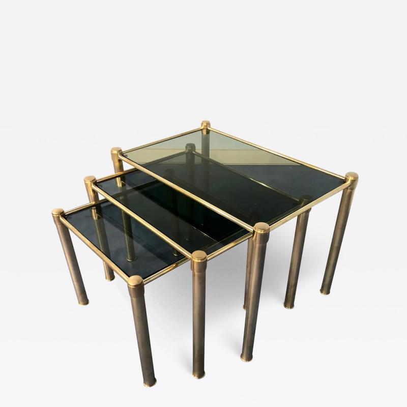 Italian Mid Century Modern Brass and Smoked Glass Nesting Tables 1970s