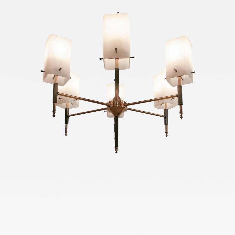 Italian Mid Century Modern Chandelier Six Lights Coated Glass 1950s