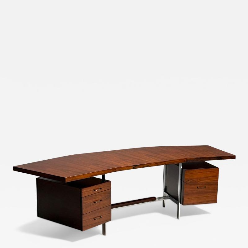 Italian Mid Century Modern Demilune Writing Desk Rosewood Steel Italy 1950s