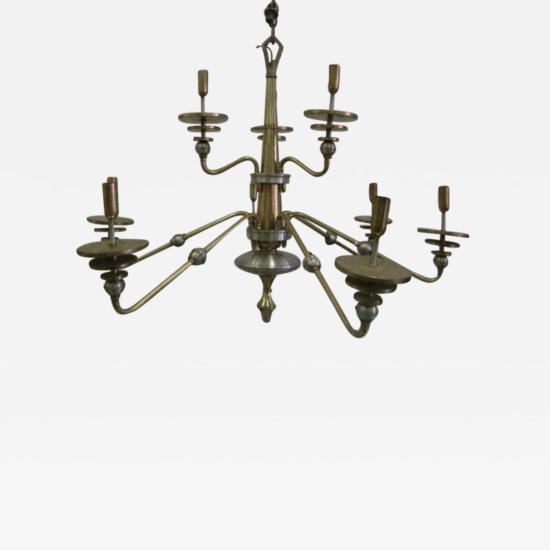 Italian Mid Century Modern Design Double Level Chandelier in Brass Nickel