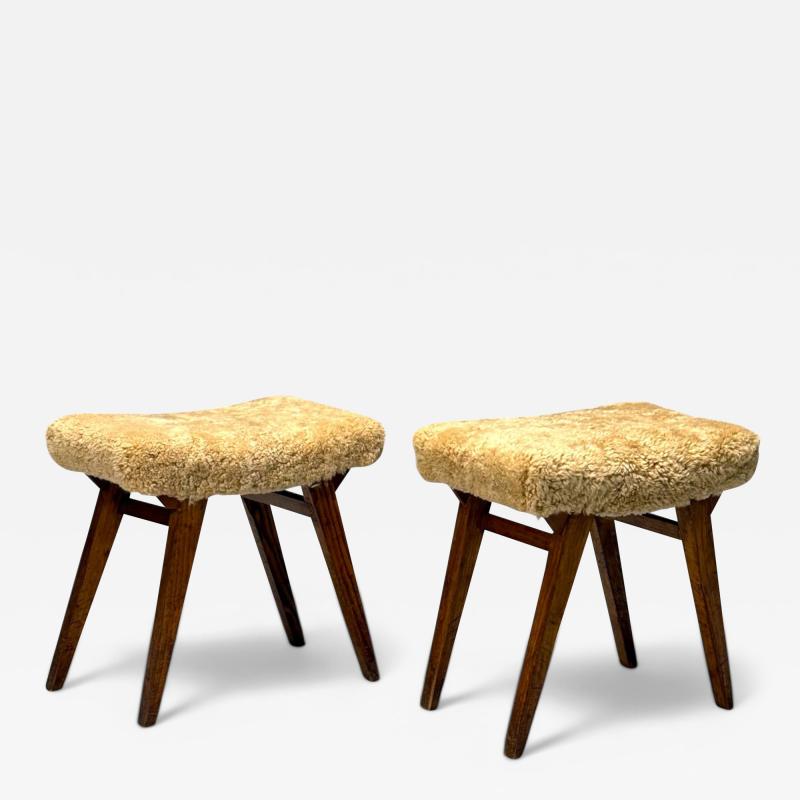 Italian Mid Century Modern Rustic Stools Honey Shearling Stained Wood 1950s