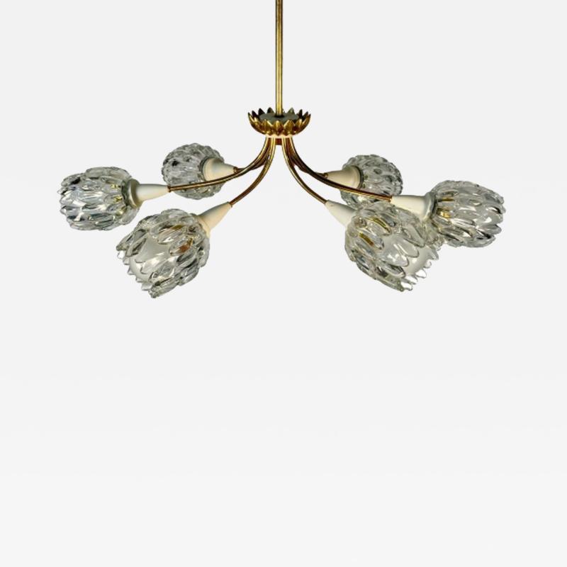 Italian Mid Century Modern Six Light Brass Pendant Chandelier Textured Glass