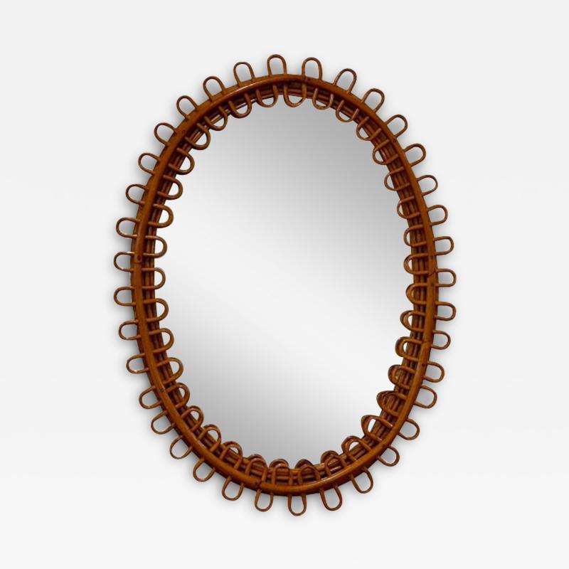 Italian Mid Century Modern Small Wall Mirror Rattan Mirror Italy 1960s