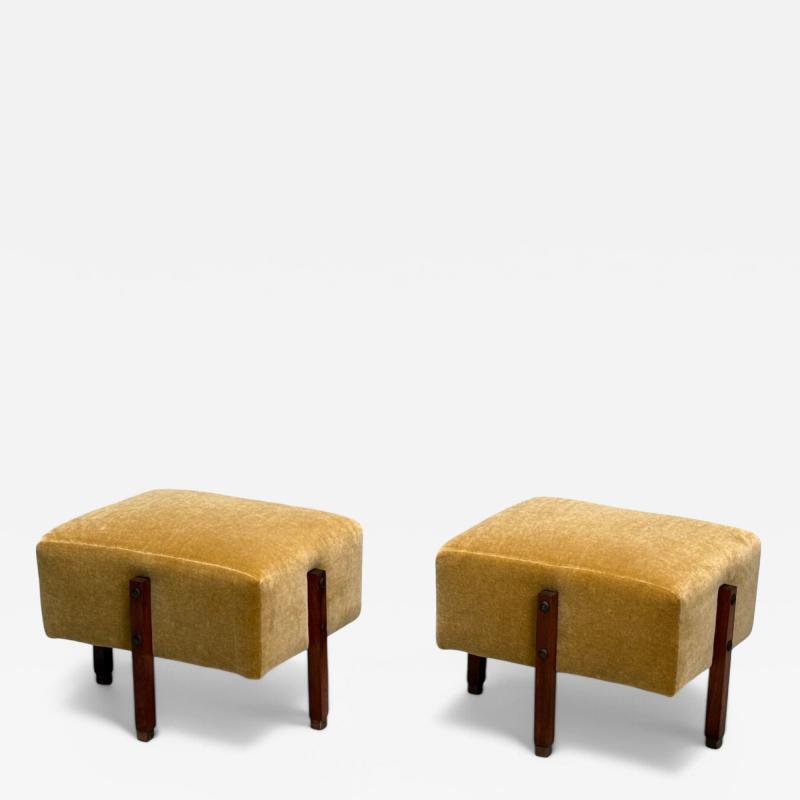 Italian Mid Century Modern Stained Wood Camel Mohair Ottomans Italy 1960s