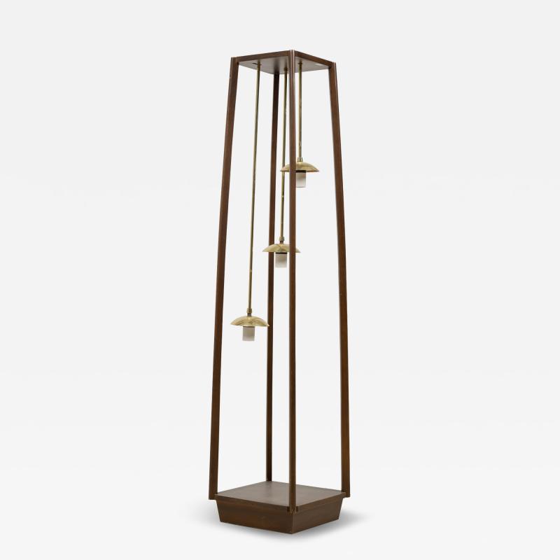 Italian Mid Century Modern Wood Framed 3 Pendant Brass Floor Lamp