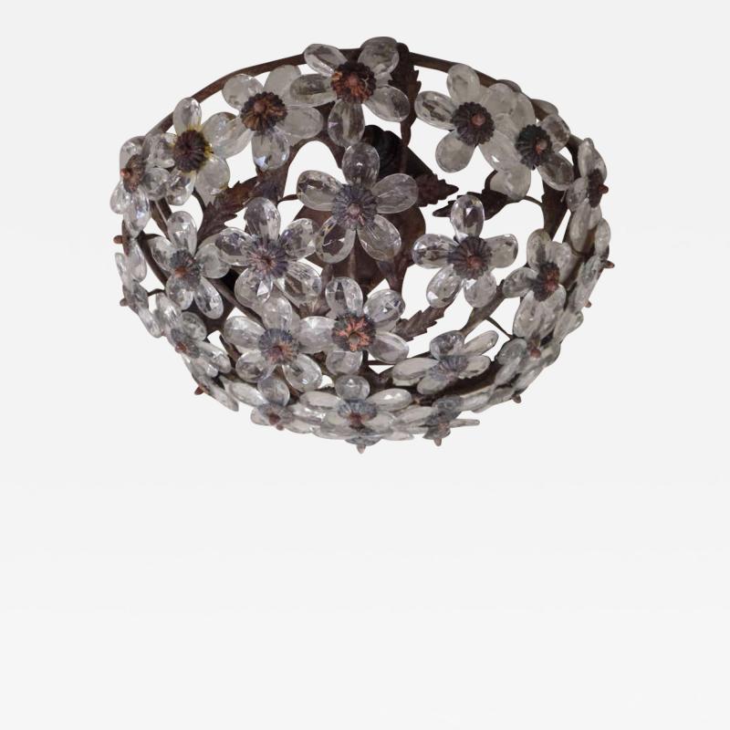 Italian Mid Century Murano Venetian Crystal Glass Floral Flush Mount Fixture