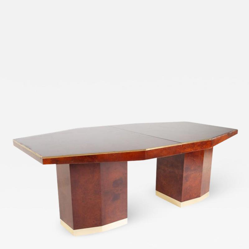 Italian Mid Century Octagonal Burlwood and Brass Pedestal Dining Table