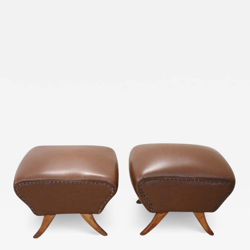 Italian Mid Century Pair of Stools in Brown Faux Leather