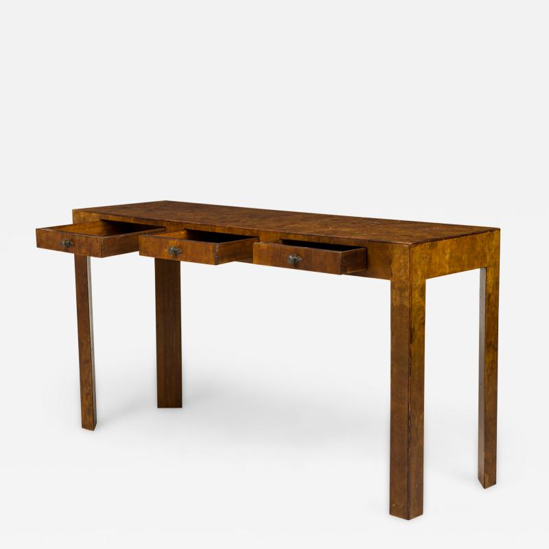 Italian Mid Century Rectangular 3 Drawer Oyster Burl Console Table
