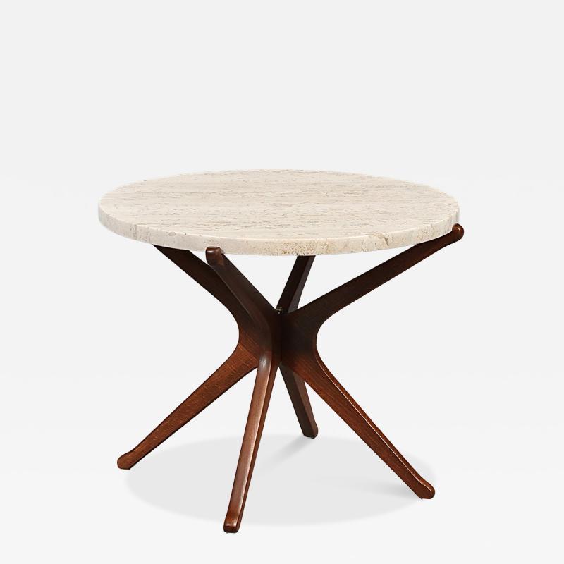 Italian Mid Century Sculpted Wood Travertine Side Table