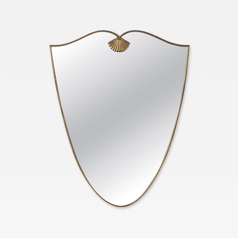 Italian Mid Century Shield Form Brass Mirror with Shell Crest circa 1950