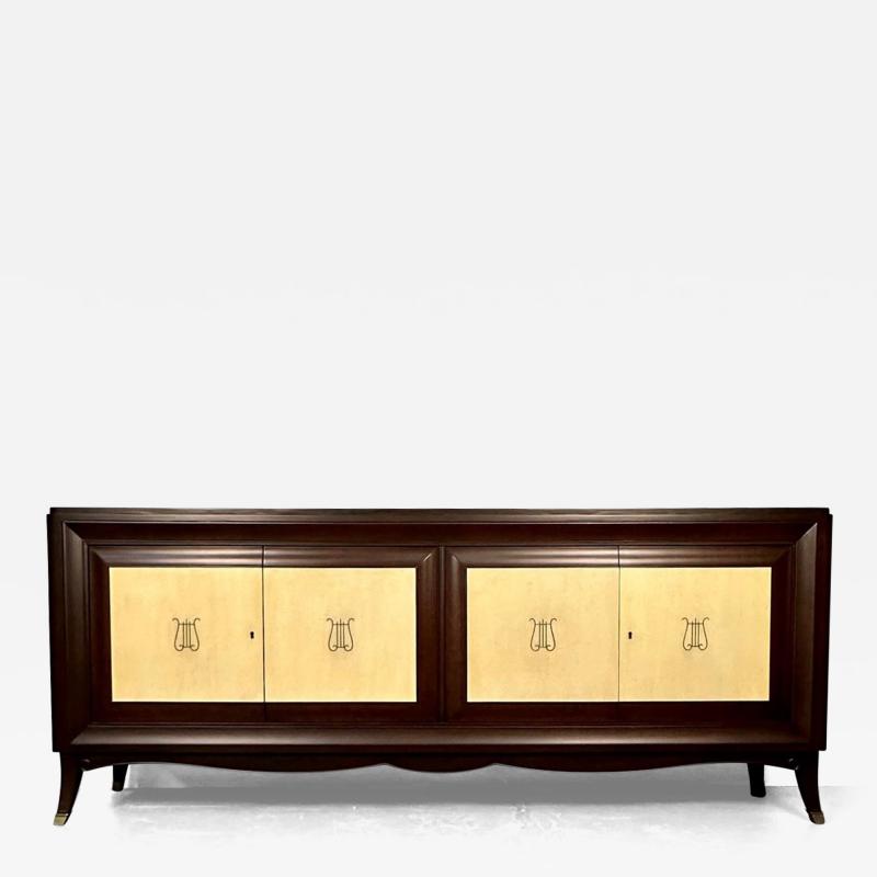 Italian Mid Century Sideboard Credenza Cabinet Parchment Mahogany 1950s