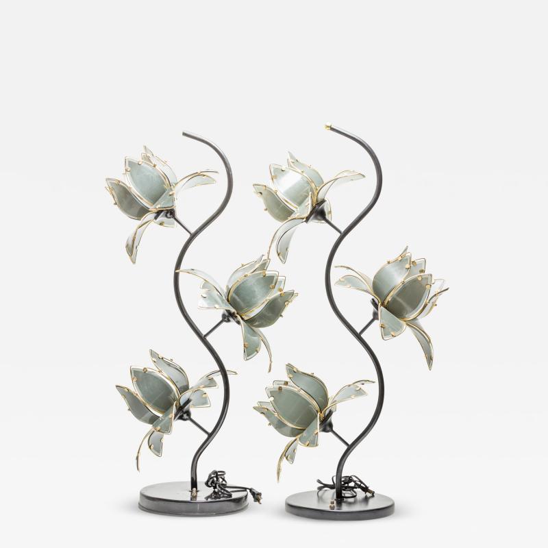 Italian Mid Century Smoked Glass And Brass Lotus Flower Table Lamps
