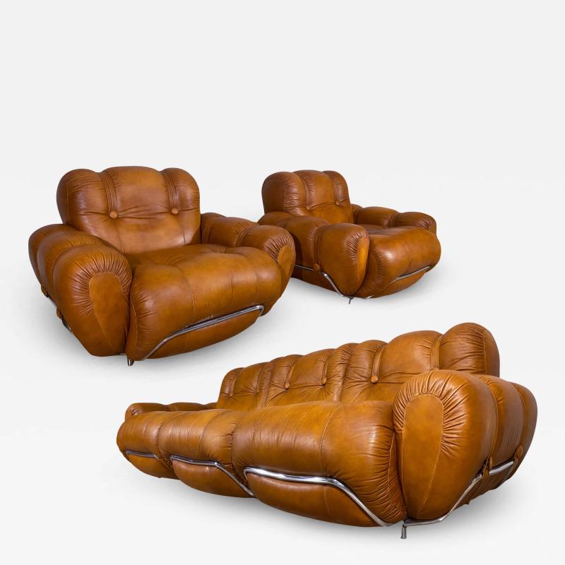 Italian Mid Century Space Age Living Room Set in Natural Leather 1970