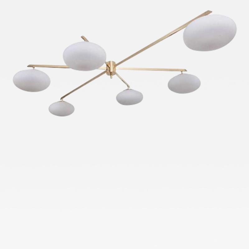 Italian Mid Century Style Brass Flush Mount Chandelier