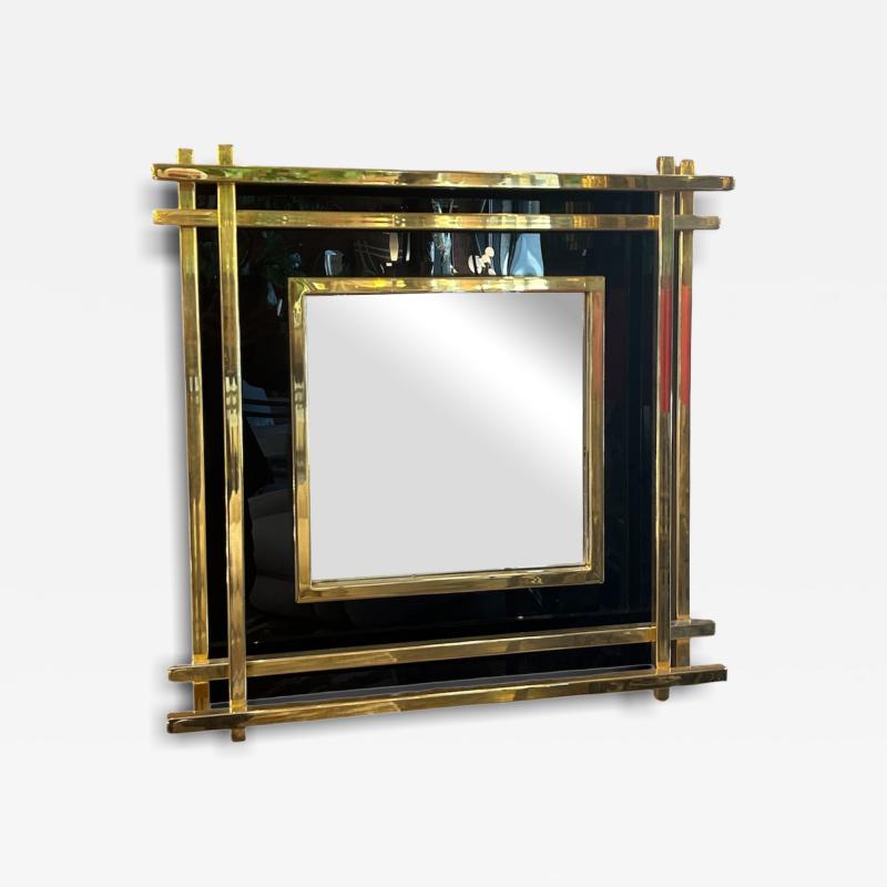 Italian Mid Century Wall Mirror Black Brass 1970s