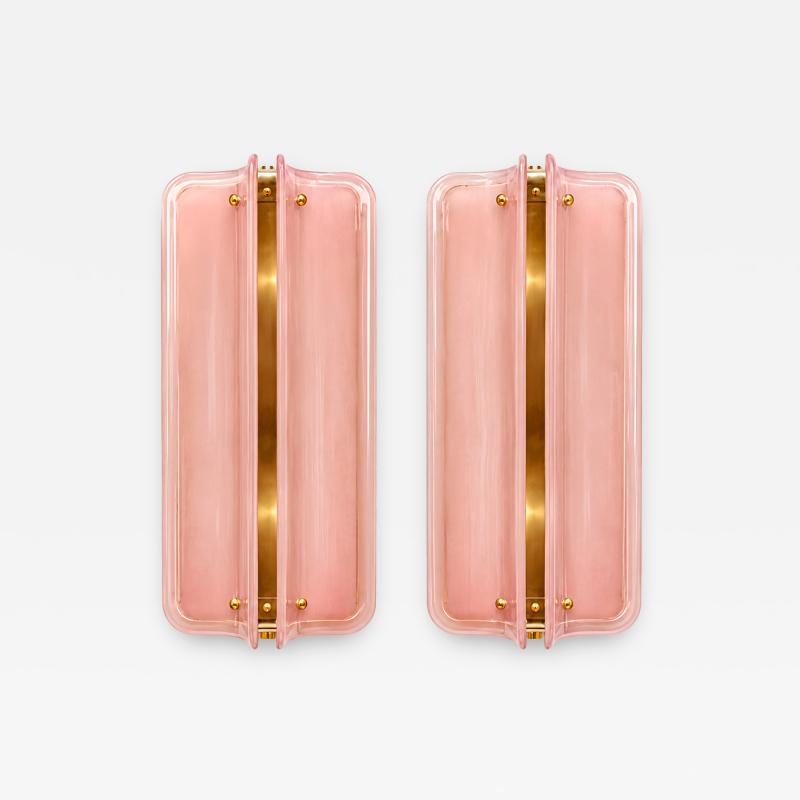Italian Mid Modern Style Brass Wall Sconces With Pink Murano Glass Panels