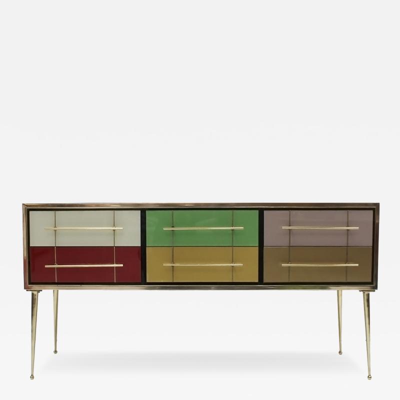 Italian MidCentury Modern Sideboard in Solid Wood and Colored Glass 1950s