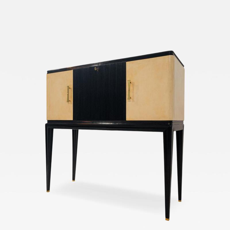 Italian Midcentury Black Lacquered Parchment Cabinet Bar or Sideboard 1950s