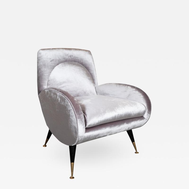 Italian Midcentury Lounge Chair with Brass Sabots in Smoked Lavender Velvet