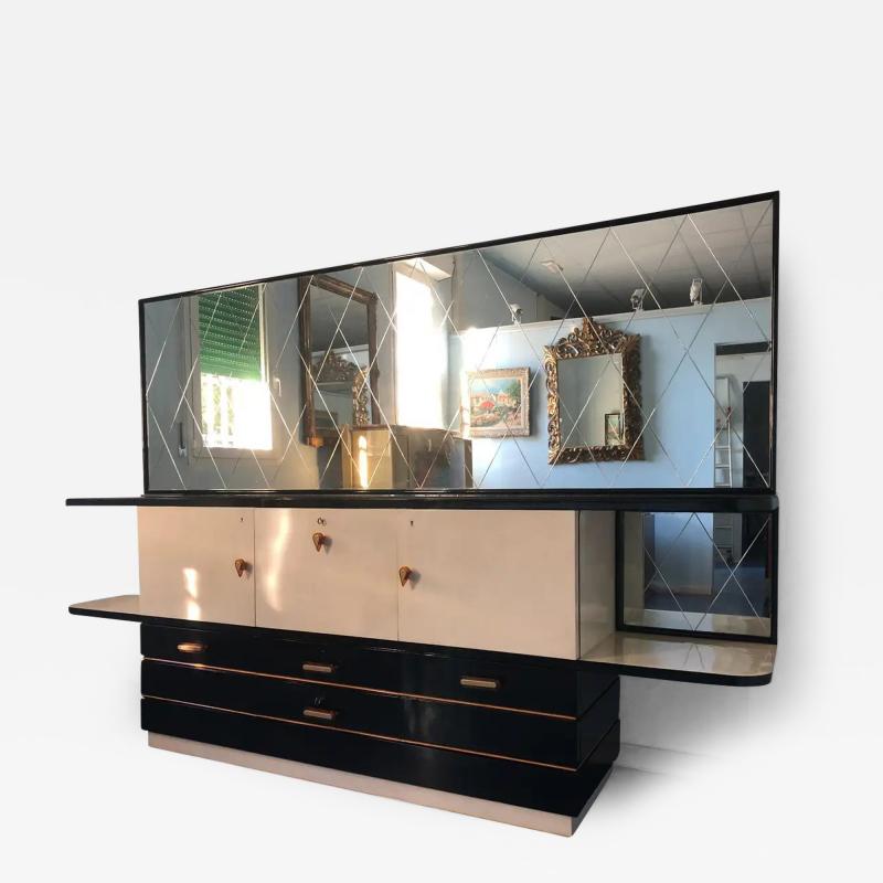 Italian Midcentury Parchment Black Lacquered Sideboard 1950