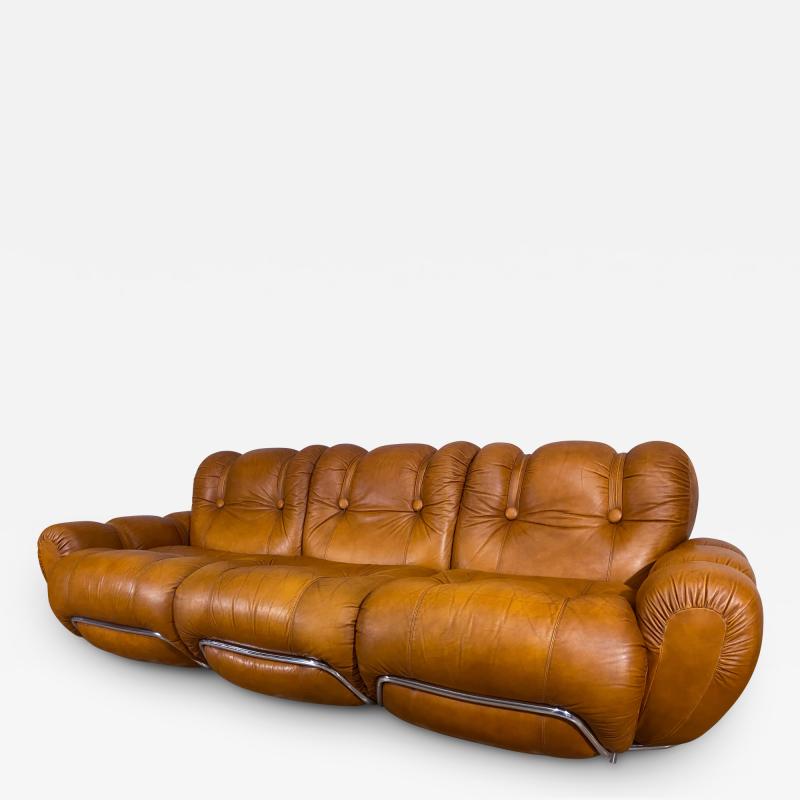 Italian Midcentury Three Seater Natural Leather Space Age Sofa 1970s