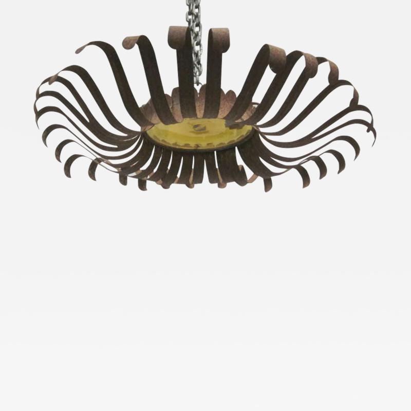 Italian Midcentury Wrought Iron and Blown Glass Sunburst Flush Mount Pendant