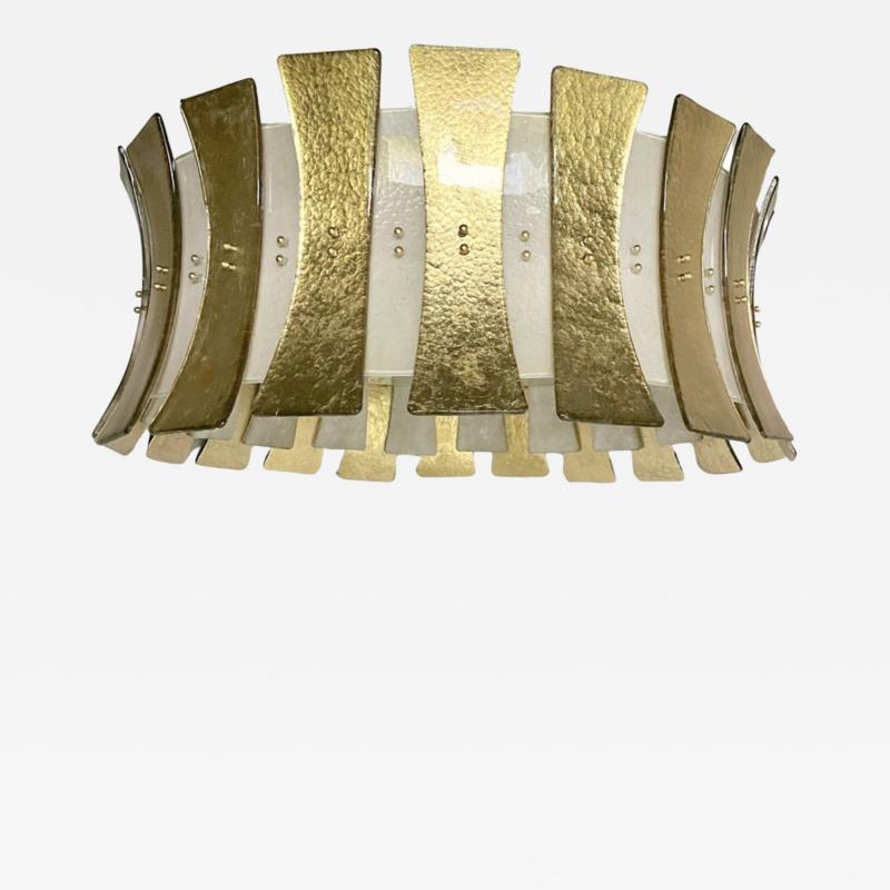 Italian Modern Art Deco Design Frosted White Gold Murano Glass Round Chandelier