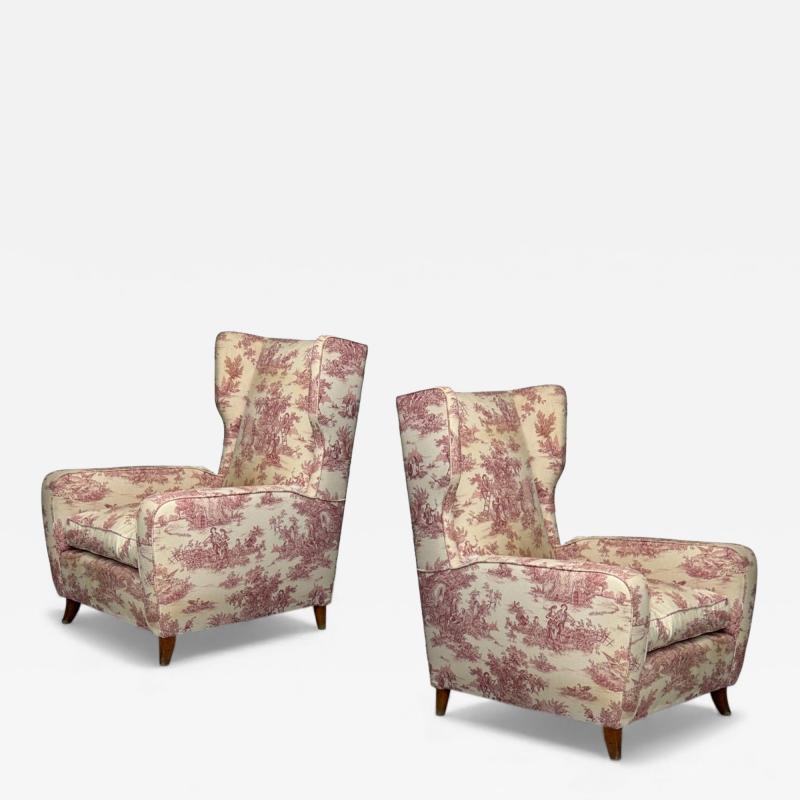 Italian Modern Ashwood Fabric Large Wingback Chairs Italy 1950s