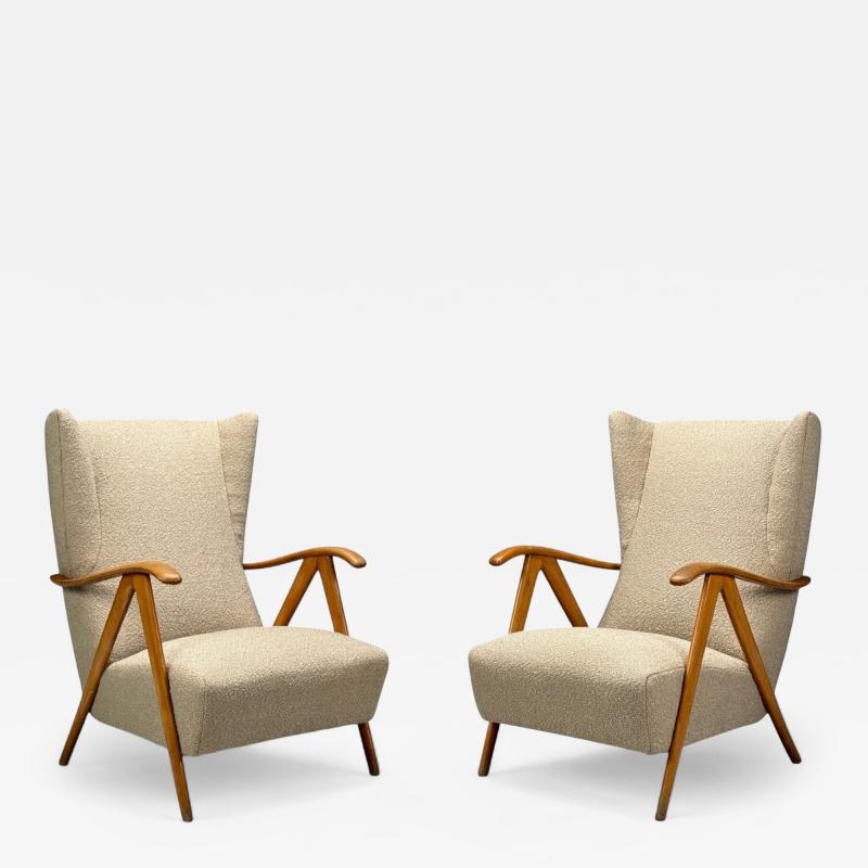 Italian Modern Beige Boucle Wood Sculptural Lounge Chairs Italy 1960s