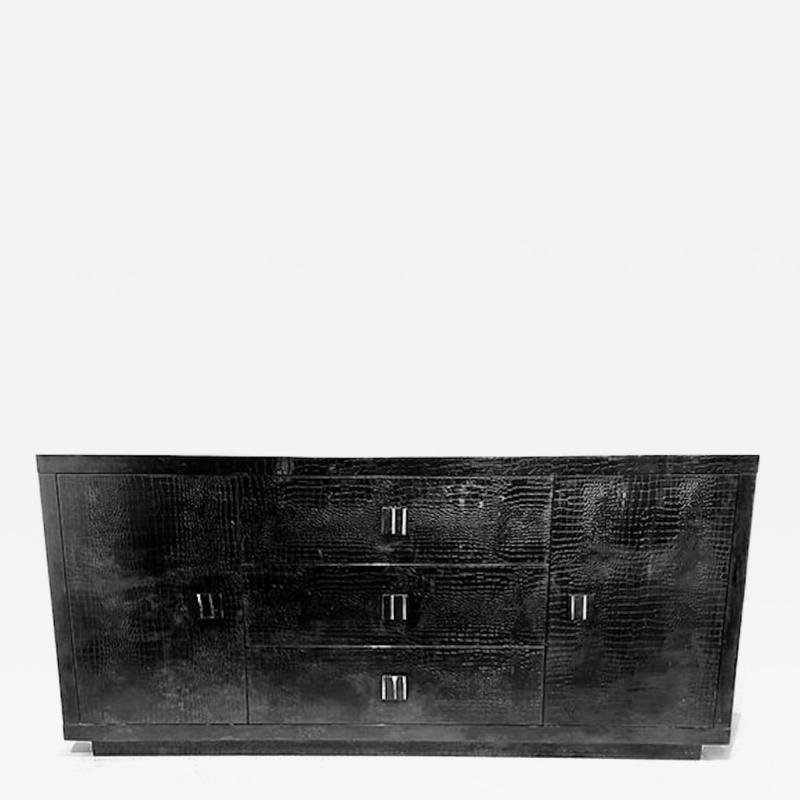 Italian Modern Black Lacquer Faux Crocodile Embossed Credenza Dresser