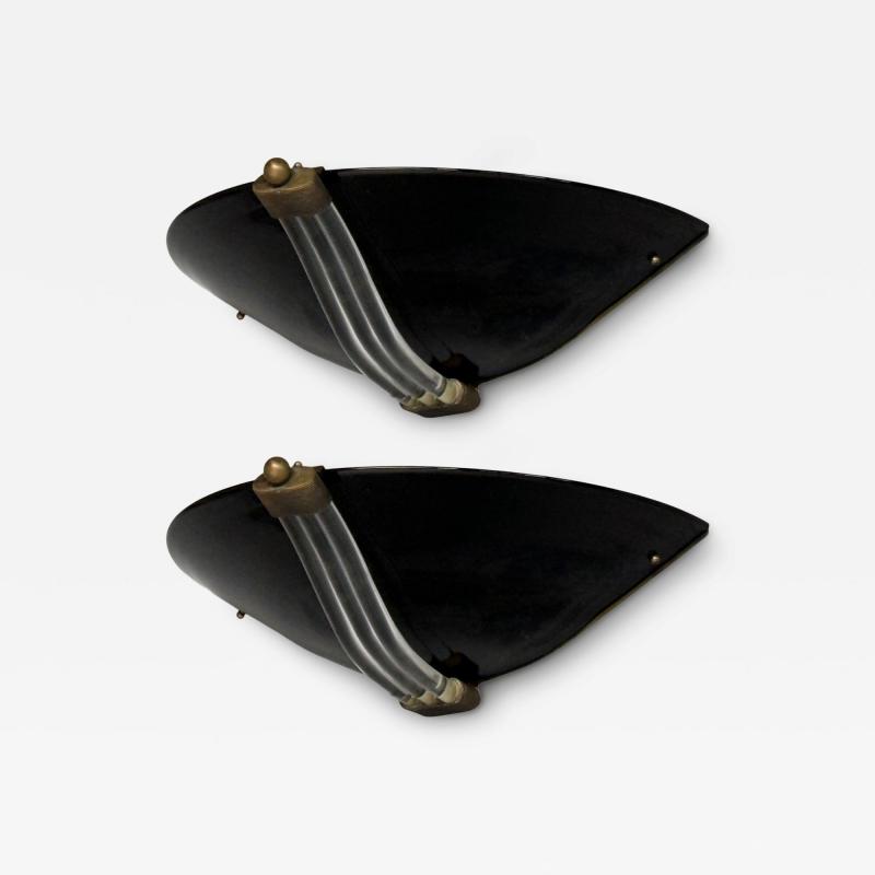 Italian Modern Black Murano Glass Brass Large Sconces Italy 1930s