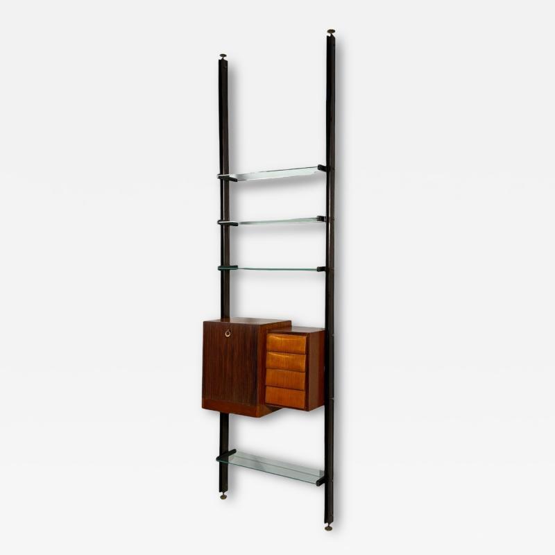 Italian Modern Floor to Ceiling Bookcase Stained Wood Glass Italy 1940s
