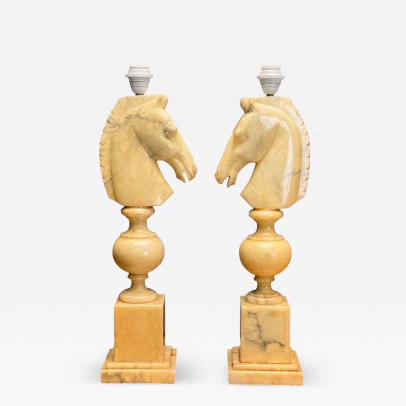 Italian Modern Hand Carved Alabaster Horse Motif Table Lamps Italy 1950s