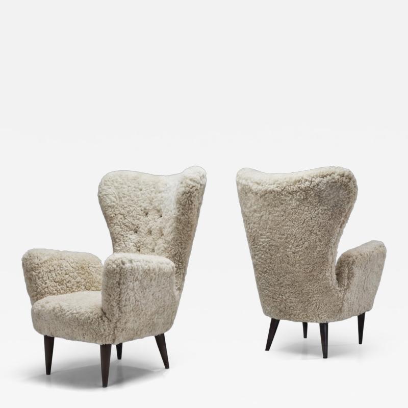 Italian Modern High Back Armchairs with Sheepskin Upholstery Italy 1960s