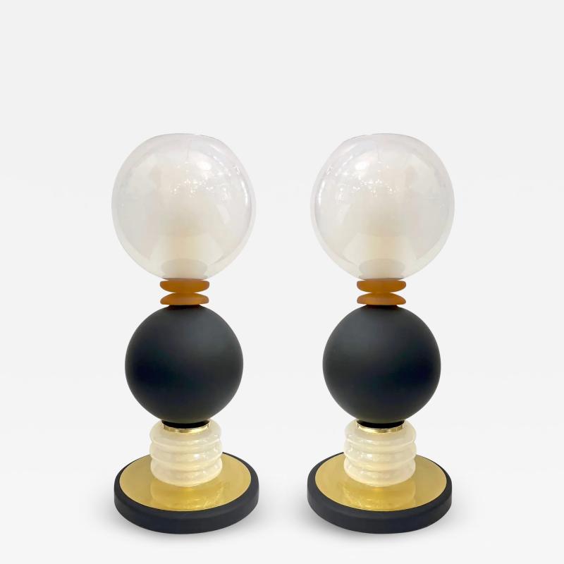 Italian Modern Pair of Art Deco Design Black White Gold Murano Glass Dome Lamps