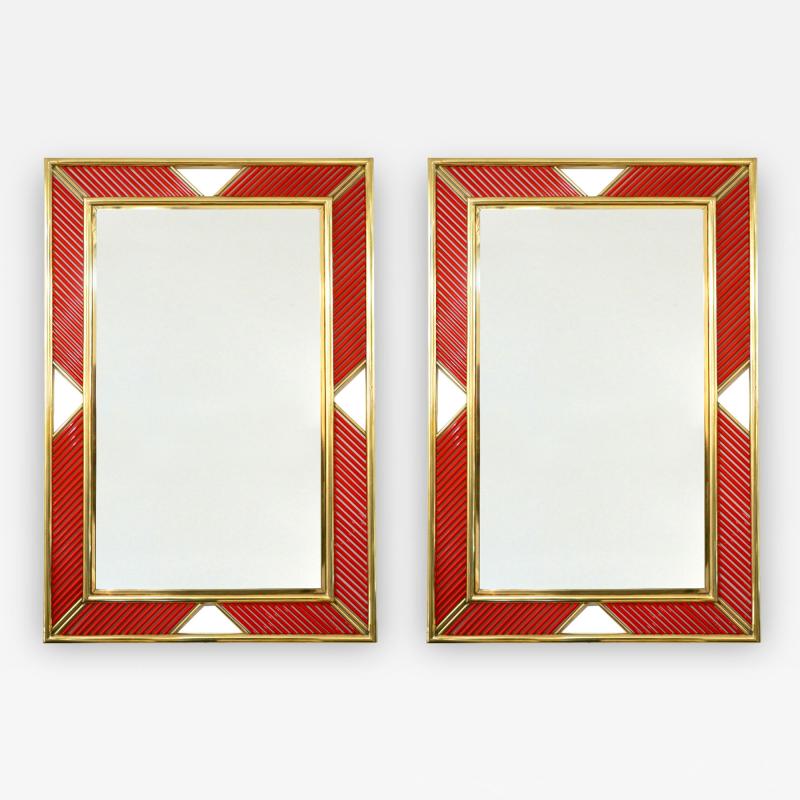Italian Modern Pair of Brass Mirrors with Coral Red Murano Glass Baguettes