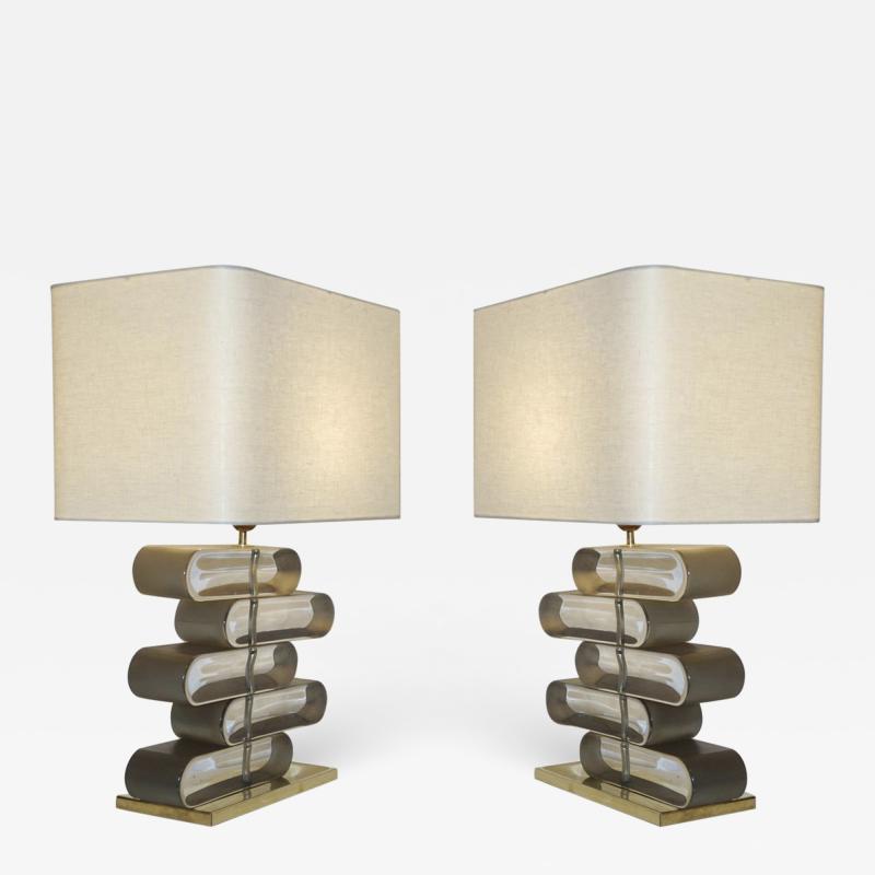 Italian Modern Pair of Brass and Bronze Murano Glass Architectural Table Lamps