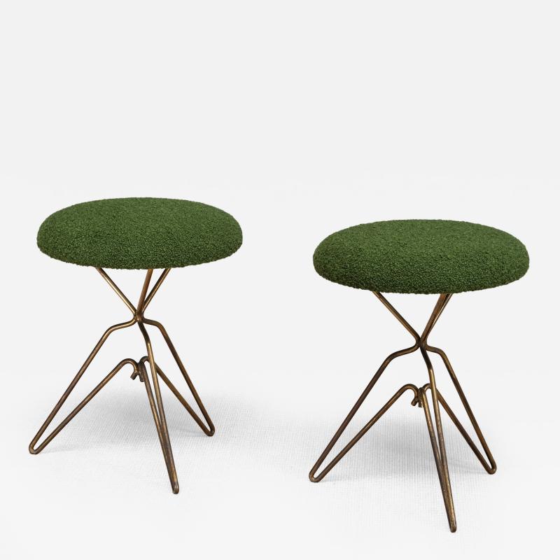 Italian Modern Pair of Sculptural Tripod Brass Stools in Green Boucl 1950s