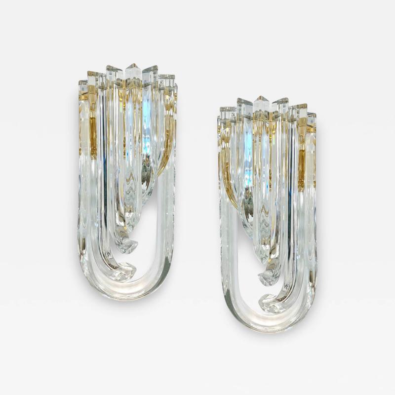 Italian Modern Pair of Translucent Crystal Murano Glass Brass Curved Sconces