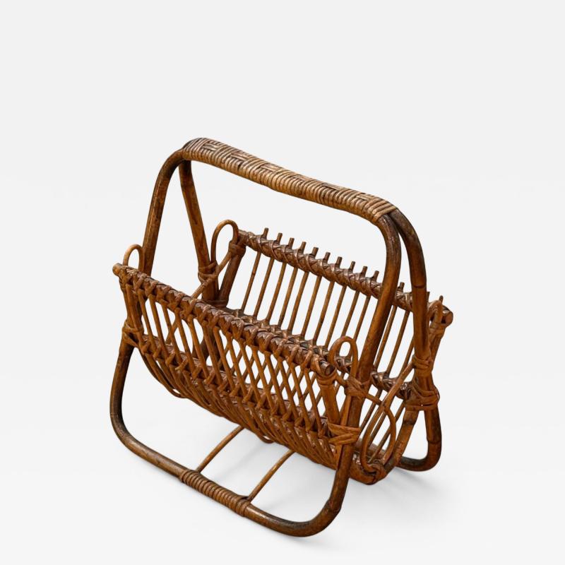 Italian Modern Rattan Bamboo Cane Magazine Rack Italy 1960s